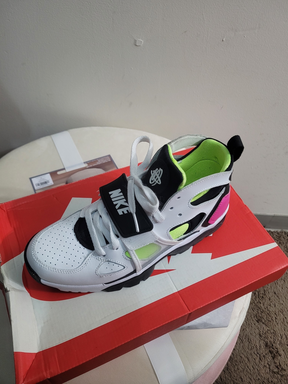 Nike Kids White Sneaker with Neon Green & Pink Accents